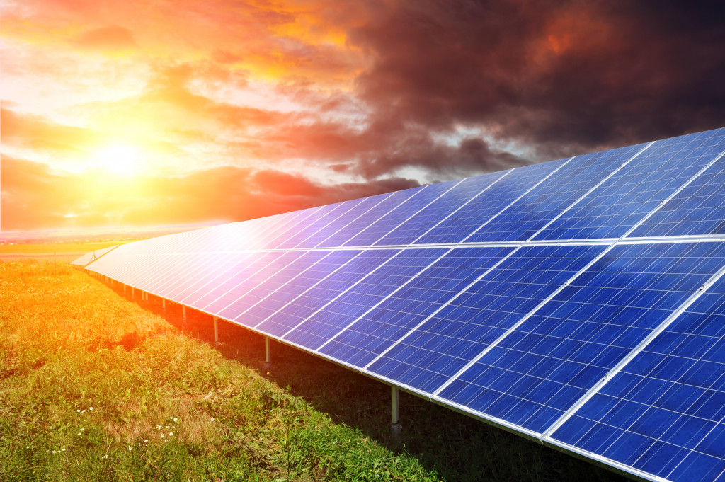 Solar panel produces green, environmentaly friendly energy from the setting sun