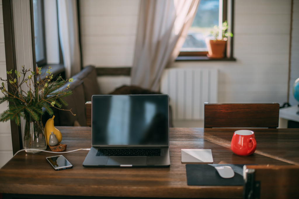 A home office setup with a laptop