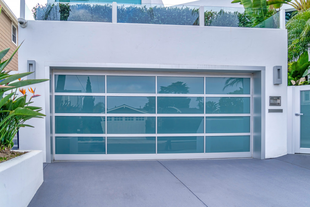 modern home with garage glass door